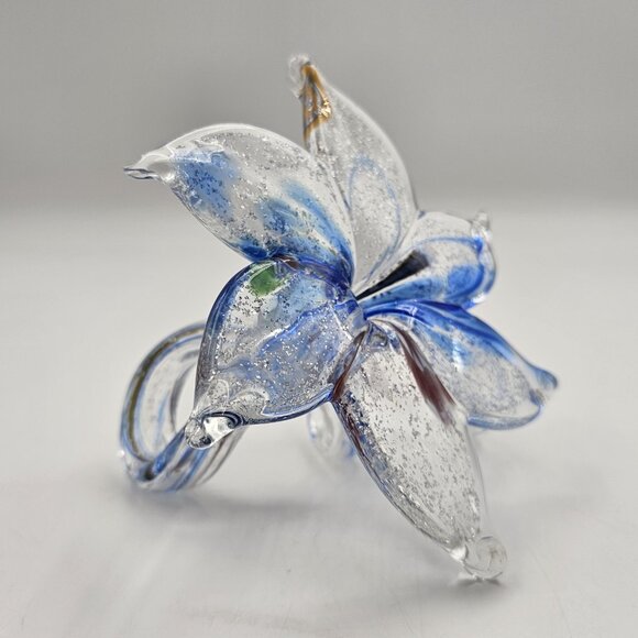 Murano Italy Hand Blown Glass Flower Sculpture Silver Blue Swirl Stem Art 4.75" - Picture 4 of 12